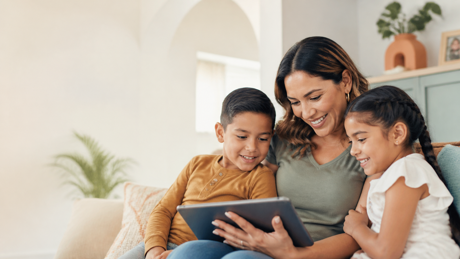 Madre y sus dos hijos aprendiendo juntos con una tableta